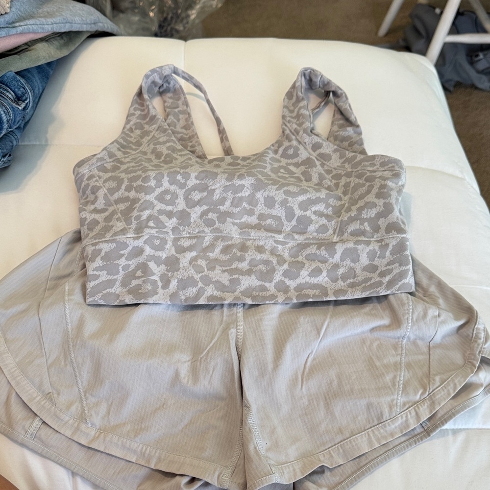 Gray Leopard Print Sports Bra and Shorts Set